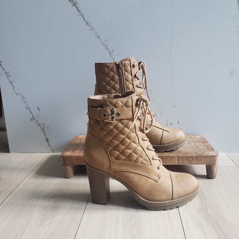Guess Boots Womens‎ 8.5 Tan Quilted Combat Lace Up Block Heel Ankle Booties